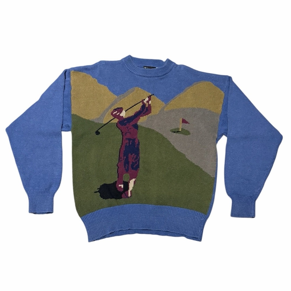 Vintage Jantzen All Over Print Golf Sweater Size XL Blue‎ Ramie/Cotton Intarsia